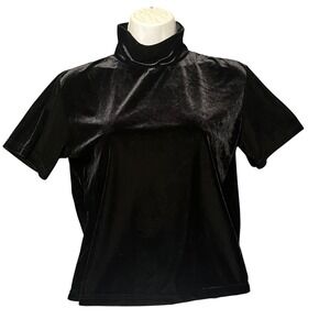 Vintage Velvet Velour Mock Neck Top Short‎ Sleeve Black Sz M Whimsigoth Stretch
